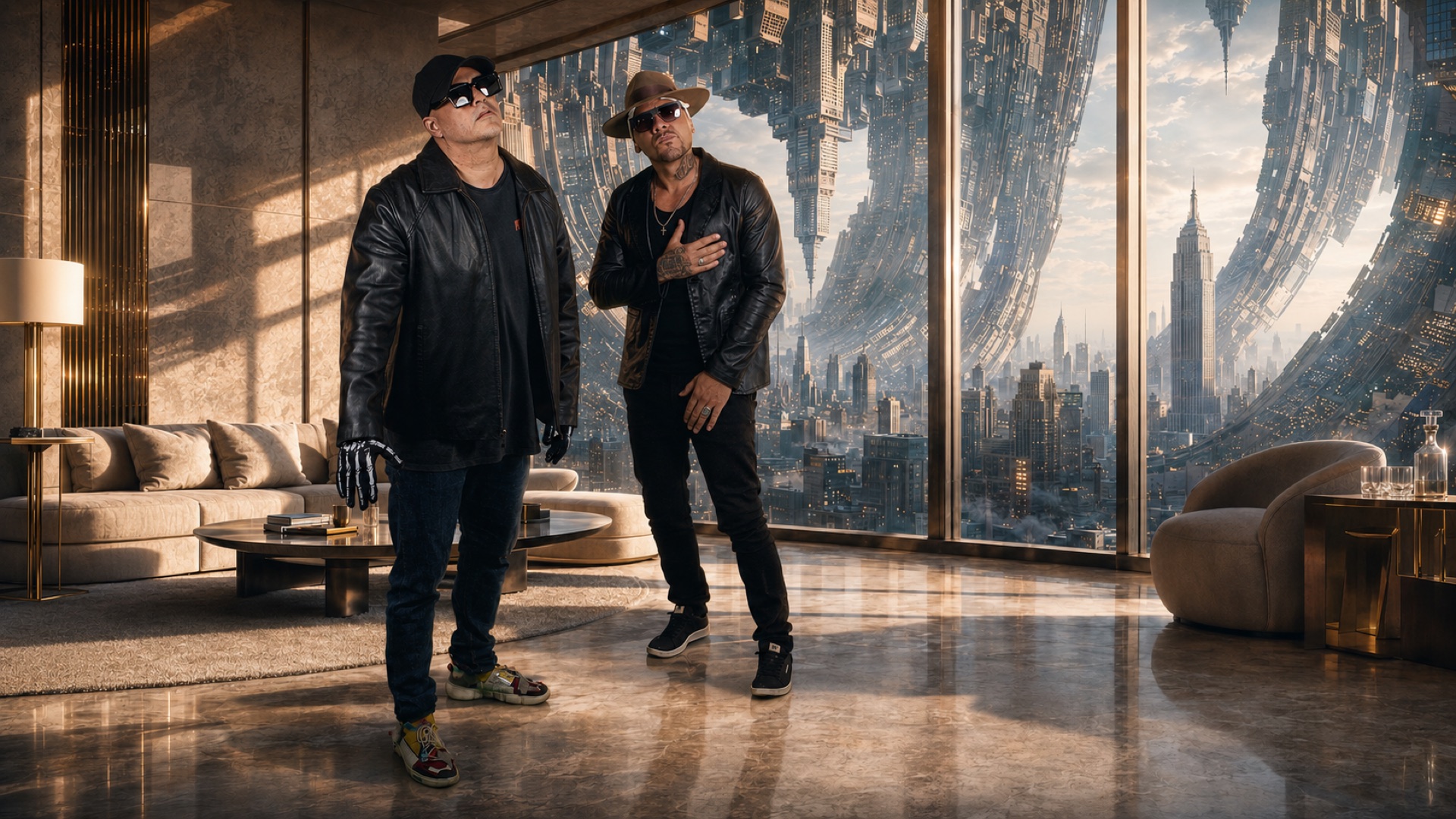 Leo Maverick e Kadyn em arte promocional do gênero urbano, com skyline futurista ao fundo